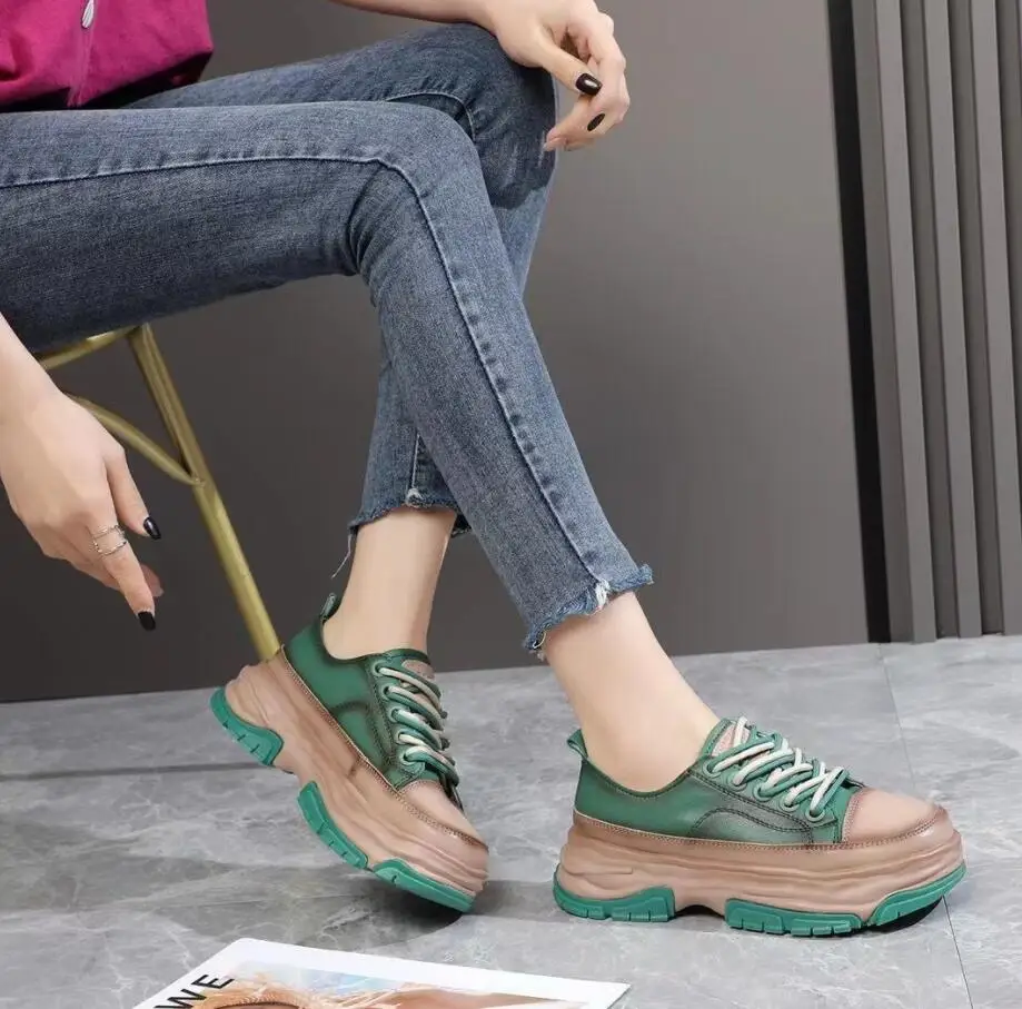 Genuine Leather Shoes For Women 2022 New Thick-Soled British Style Sports Casual Shose Comfy Breathable Fashion Platform Shoes