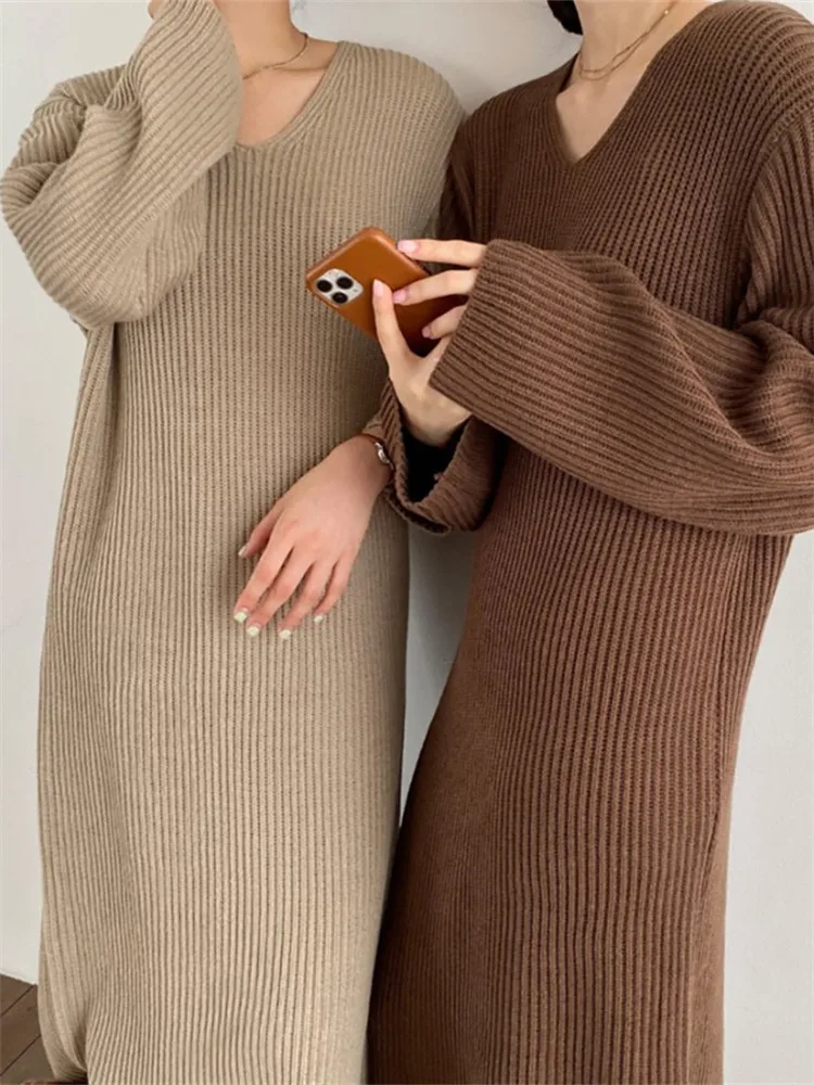 

Sweater Women Dress Knitted Dresses Womens Winter Long Sleeve Sweaters Autumn Loose Maxi Oversize Knitting Robe Vestido V neck