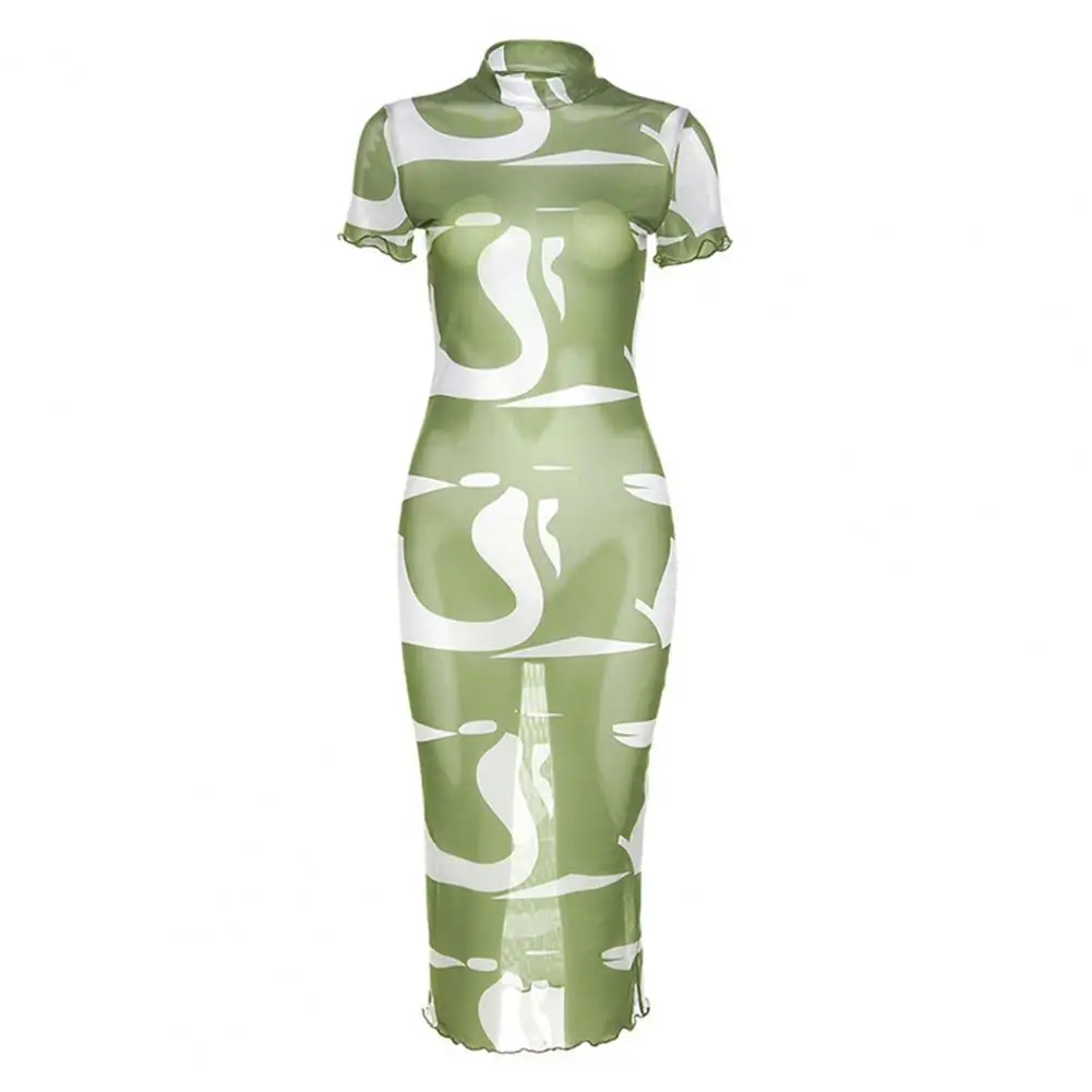 

Mesh Print See Through Midi Dress Women Sexy Elegant Mock Neck Short Sleeve Stitching Summer Bodycon Lady Clubwear Mujer 2022