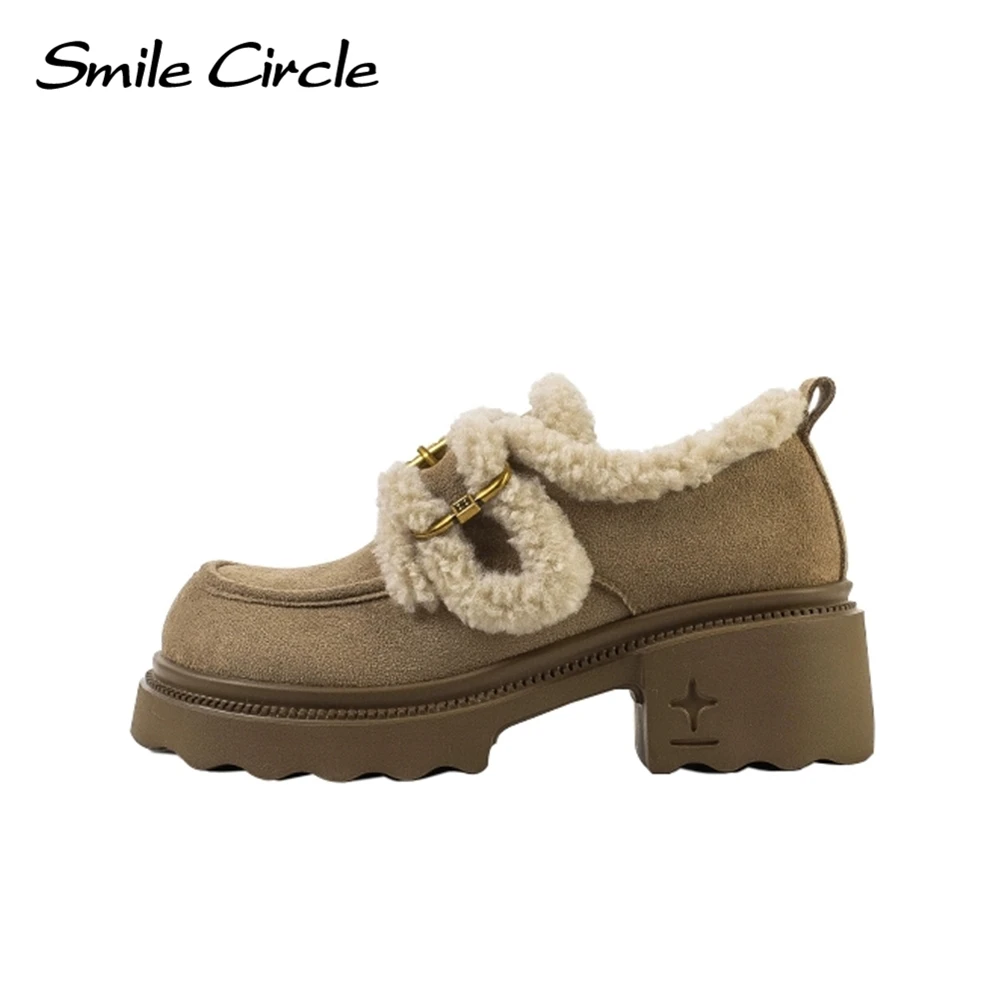 Фото Женская повседневная обувь Smile Circle, зимние замшевые кожаные туфли на каблуке, модные теплые туфли на массивном меху №4