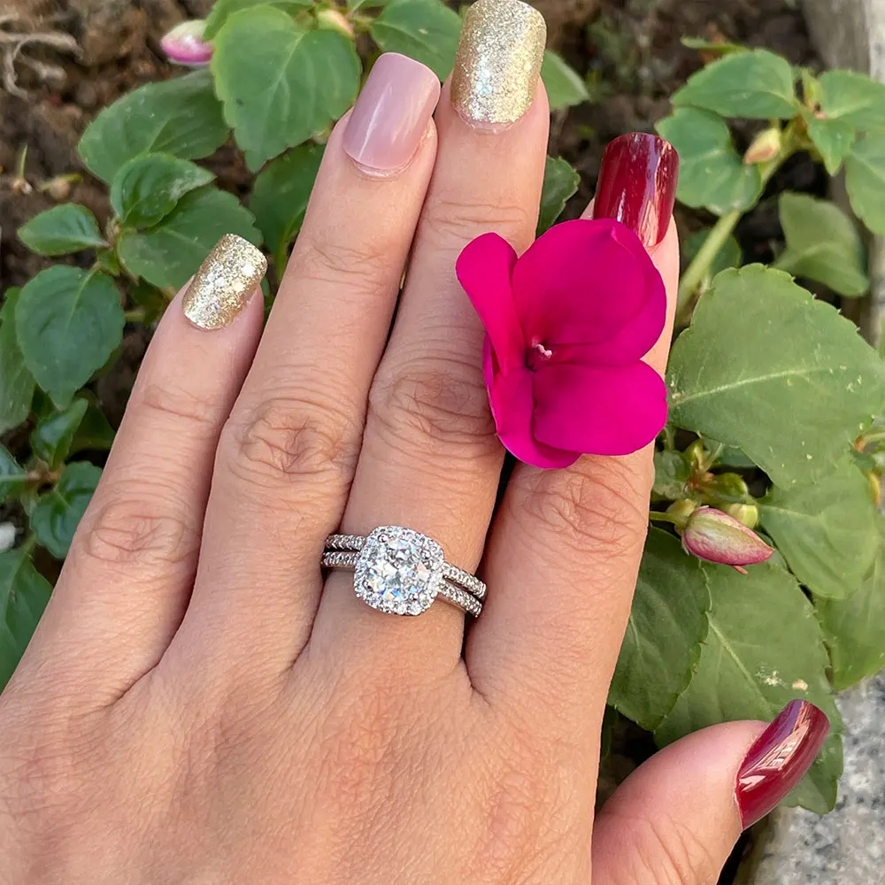 

Fashion Jewelry Simulated Diamond Wedding Rings for Women Engagement Bridal Ring Set Halo Round 2.0Ct Cz Gifts