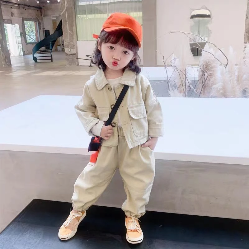 

2PCS Baby Girls Clothing Sets 2023 Autumn Fashion Kids Boys Clothes Solid Demin Long Sleeve Coat Pants Children Suits