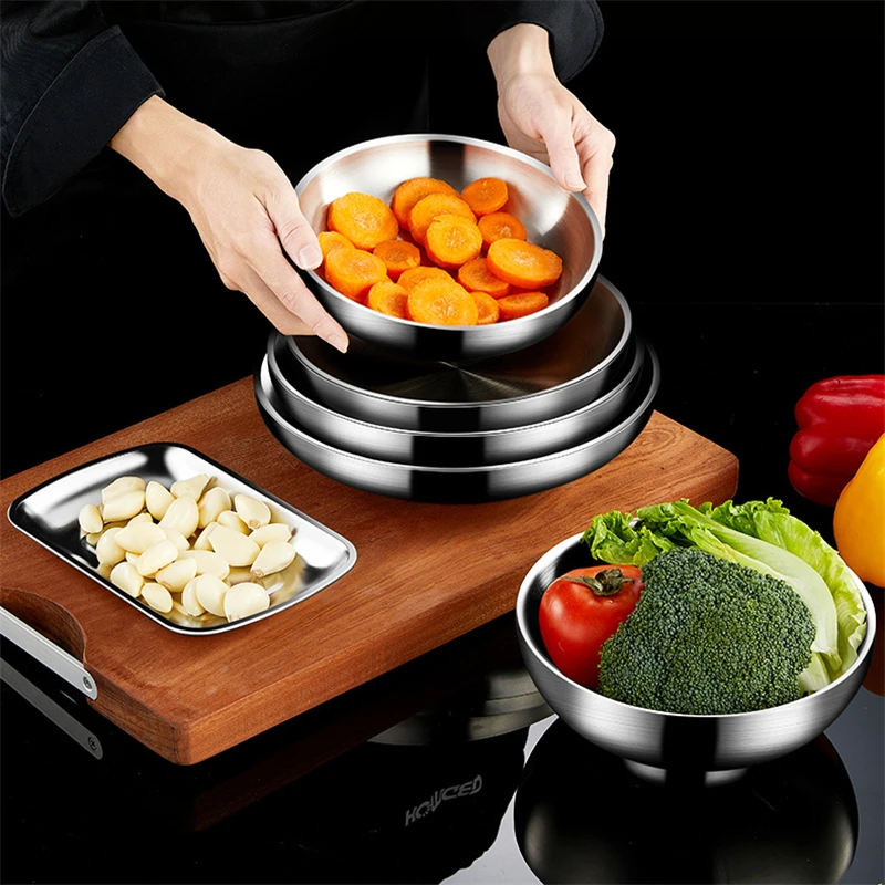 

Silver Stainless Steel Food Storage Plate Rice Soup Bowl Fruit Cake Serving Tray Steak Western Dish Home Kitchen Metal Organizer