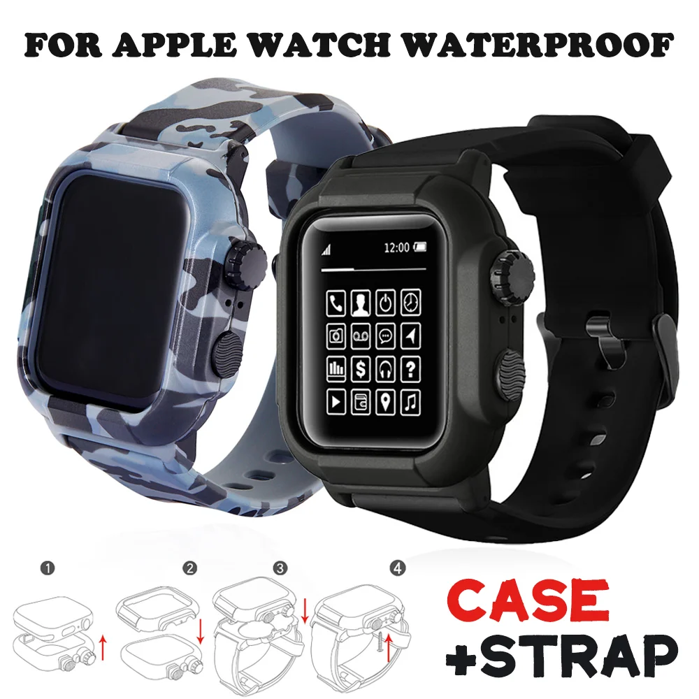 

Case+silicone Strap for Apple Watch 5 Band 42mm 44mm Waterproof Bracelet for Iwatch 6 4 Band 38mm 40mm Diving Siliconestrap Case
