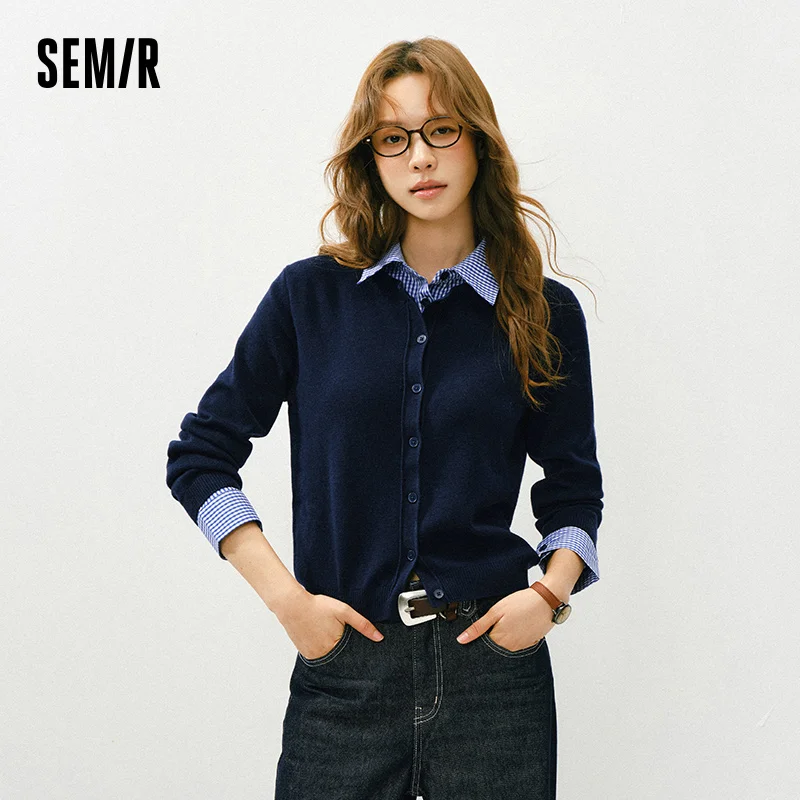 Фото Вязаный кардиган Semir, короткий весенний съемный клетчатый воротник, универсальный офисный многослойный топ, женский 2025 №2