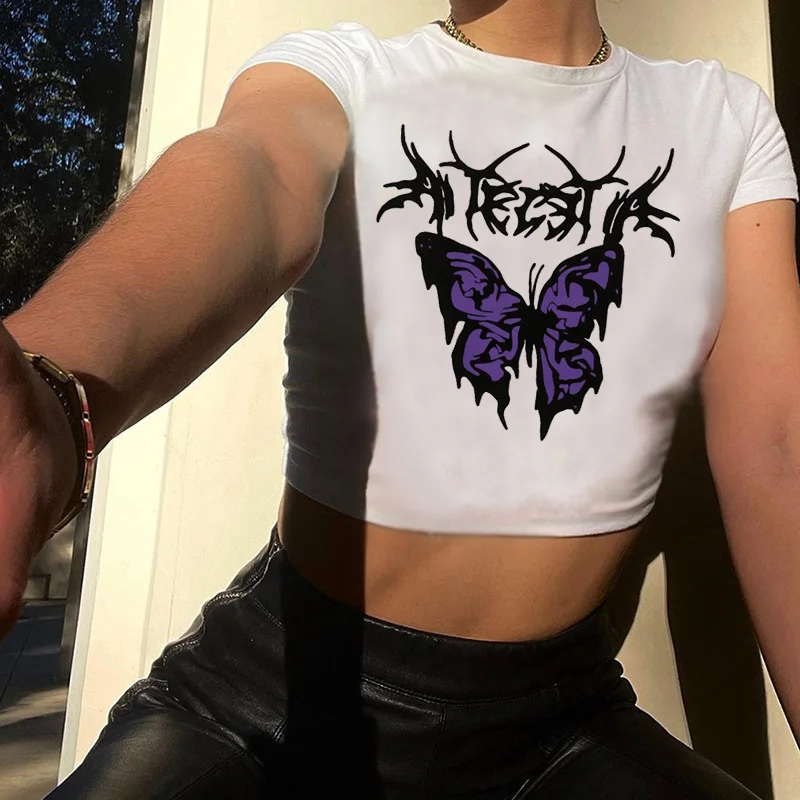 

Butterfly streetwear gothic crop top Woman 2000s kawai manga cyber y2k tshirt clothing