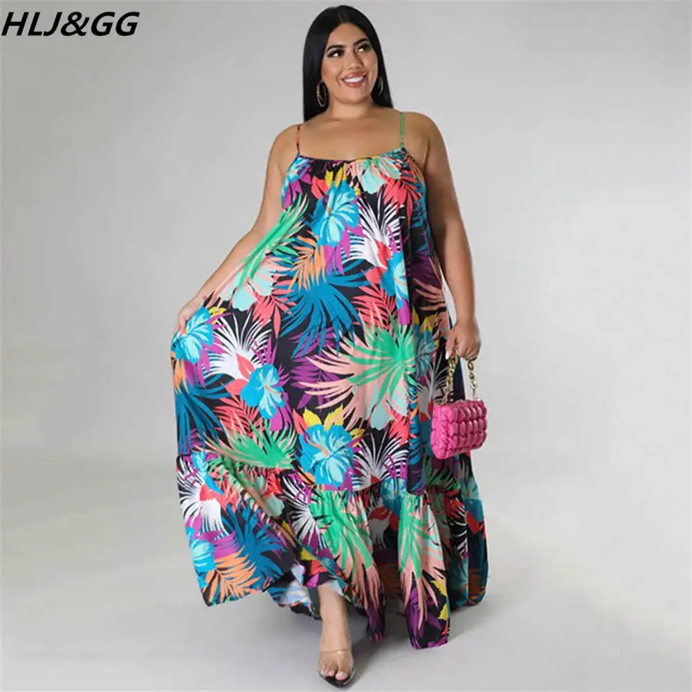 HLJ&GG Casual Holiday Flower Print Suspender Dress Plus Size Women Clothes XL-5XL Female Sleeve Loose Robe Vestidos Dropshipping