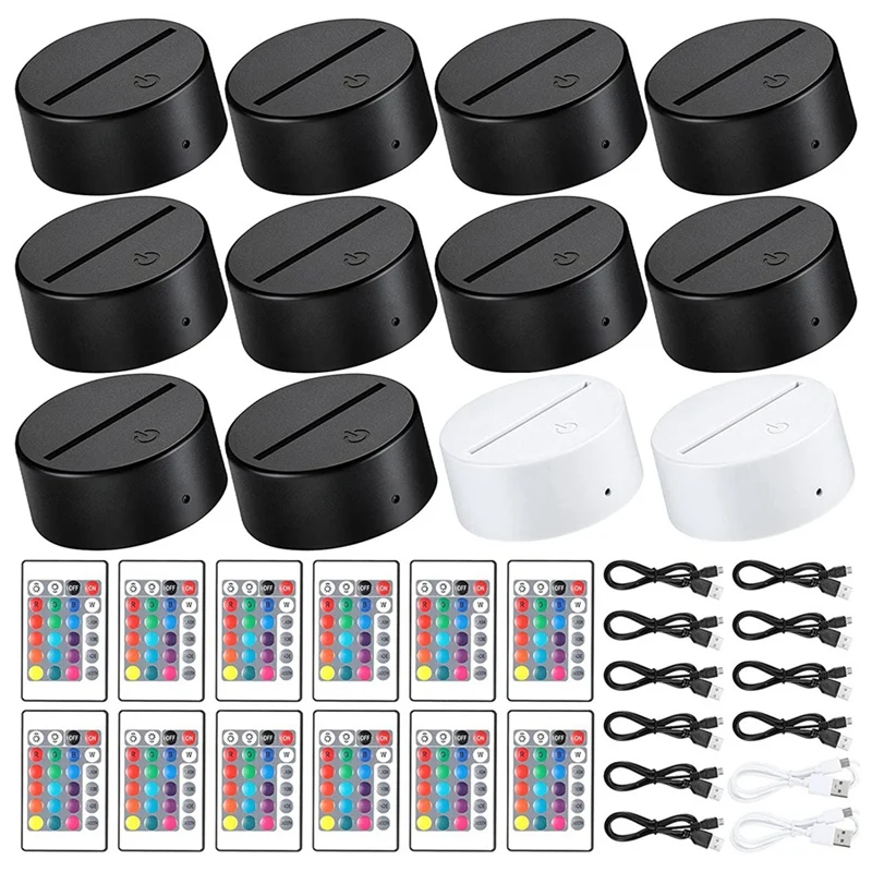 

12 Pack 3D Night LED Light Lamp Base + Remote Control + USB Cable, 16 Colors Light Show Display Stand For Acrylic