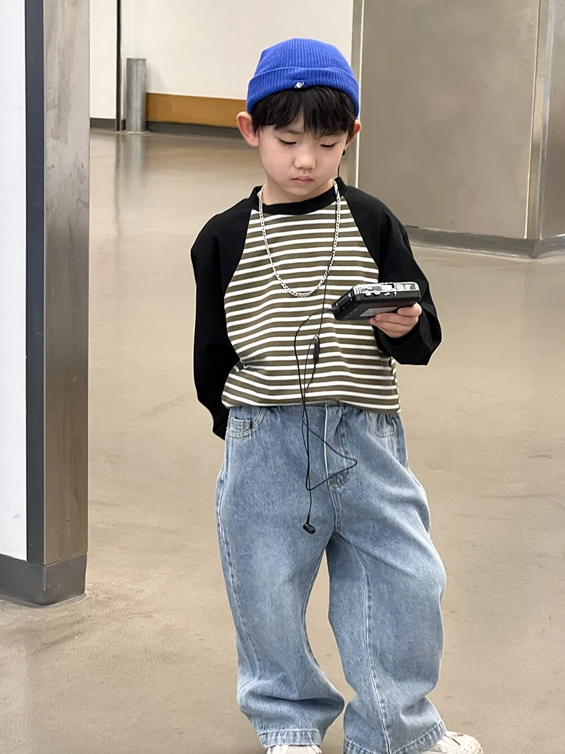 

Boys' Tops Autumn Korean Style Baby Boys' Casual Padded Shoulder Patchwork Stripes T-shirt Style Trendy Cool Long Sleeve round