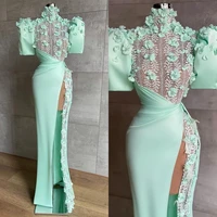 mint green mermaid evening dresses 2022 lace floral puff sleeve prom gowns high split second reception dress