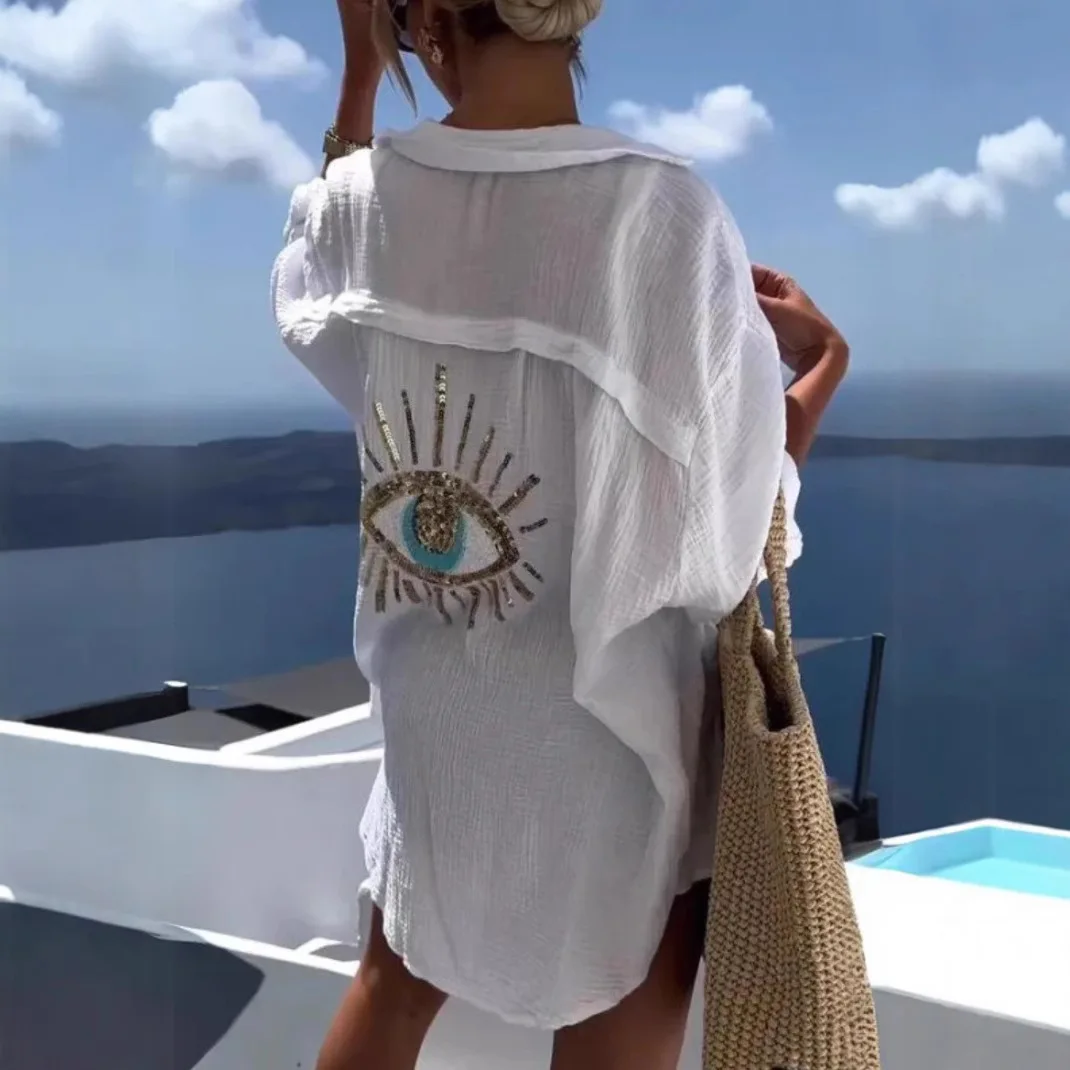 Фото Evil Eye Повседневная женская рубашка Весна Лето Мода Пляжный стиль Свободные пуговицы Солнцезащитный крем Хлопково-льняная рубашка Платье Повседневный женский топ №1