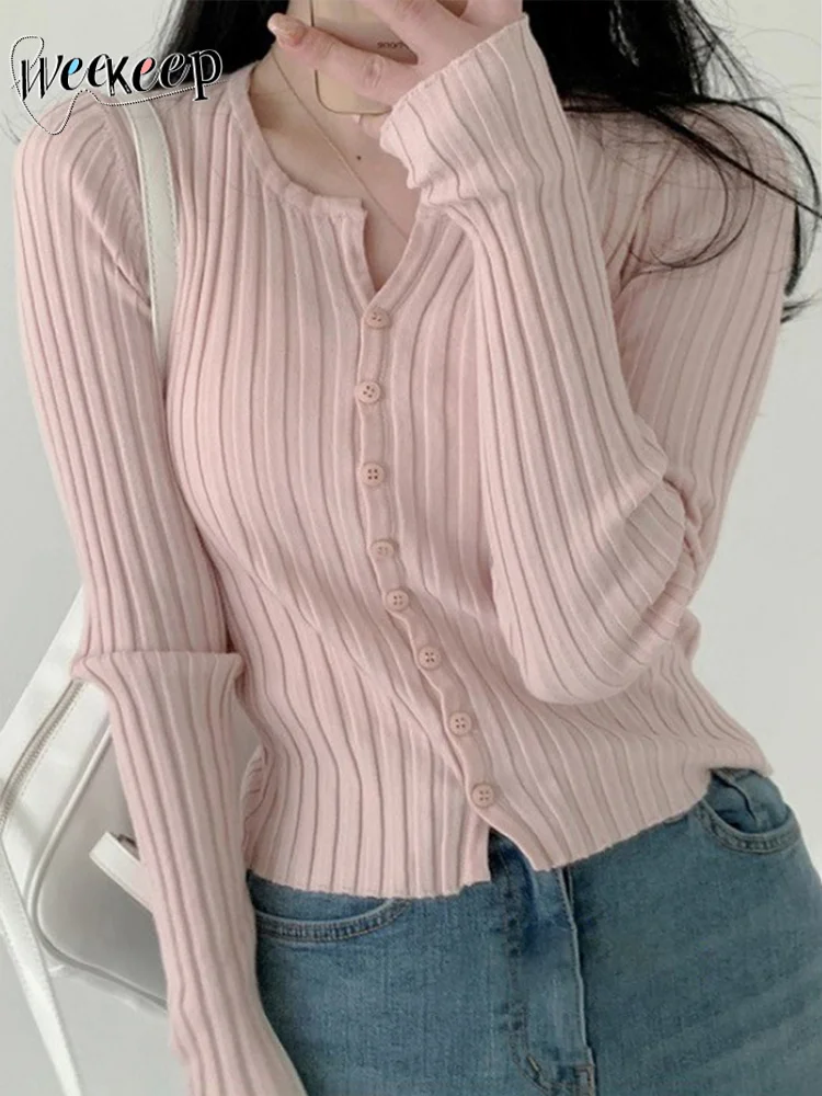 

Женская трикотажная кофта Weekeep y2k, однотонный кардиган, кавайная розовая облегающая футболка с длинным рукавом, корейский стиль, повседневные топы на пуговицах