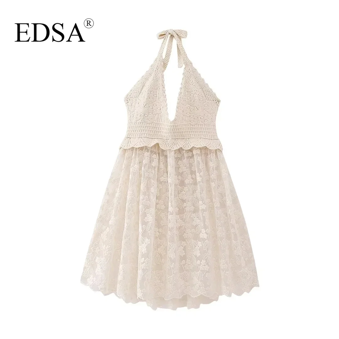 

EDSA Women Elegant Beige Contrast Knit Blouse with Embroidery Halter Neck Open Back V-neck Tops