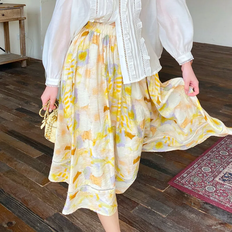 

Skirts Women Elegant Mid Calf High Waist Dress Summer Beach Floral Skirt Pleated Skirt A Line Y2k Yellow Fit Vacation 2023