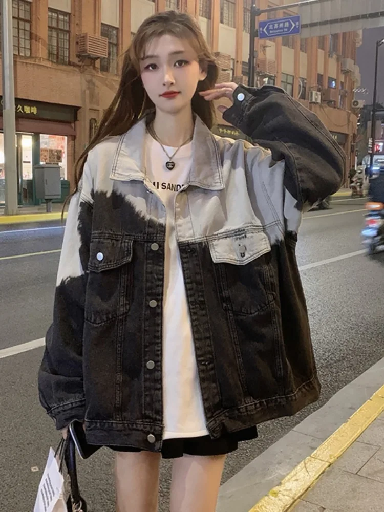 

Vintage Tie Dyed Denim Coat Women's Spring 2022 New Design Loose Long Sleeved Top Cool Fashion Oversized Jean Jacket Female