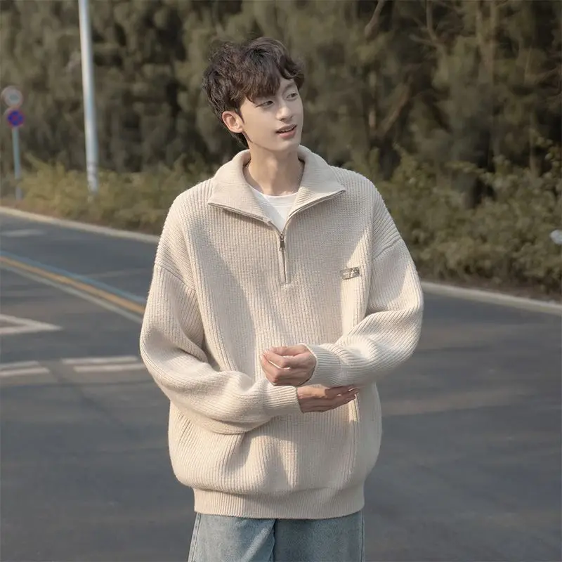 

Korean turtleneck sweater for men in autumn and winter loose and lazy style Japanese retro half-zip sweater versatile y2k jacket