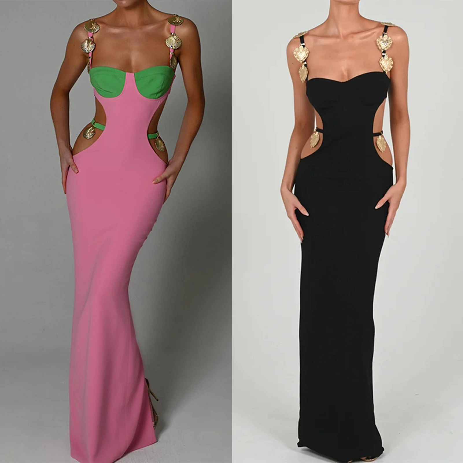 

Metal Trim Bodycon Maxi Dress Cut Out Backless Split Women Spaghetti Strap Dress Contrast Color Sexy Party Club Suit