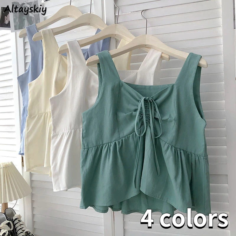 

Tanks Women Bandage Design Sweet Retro Casual All-match Pure Slim Minimalist Summer Breathable Korean Style Ladies M-4XL Stylish
