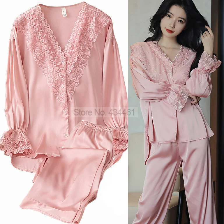 

Patchwork Sleepwear With Lace Women Nightgown Satin Pajamas Suit Button-down Pyjamas Pour Femme Nightwear Casual Home Wear