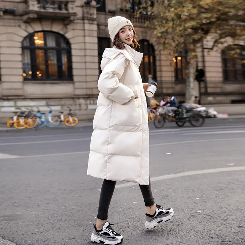 Loose Hooded Thicken Long Parkas Streetwear Cotton Padded Warm Windproof Winter Coat White New Snow Wear Women Jacket Outwear