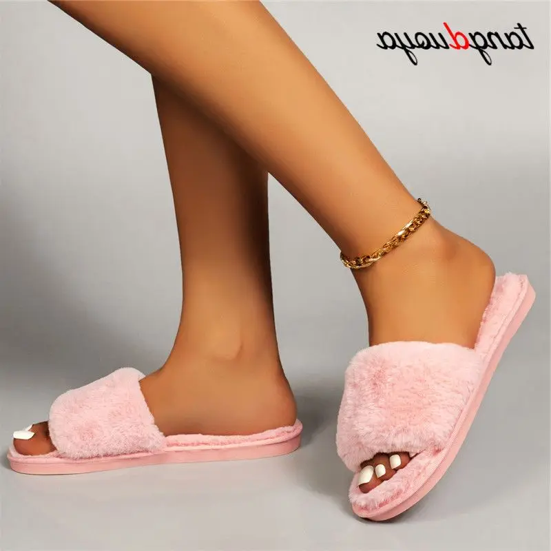 

Wholesale Fluffy Fur Slippers Women Winter Warm Plush Home Slippers Flats Flannel Slides autumn winter slippers women outdoor