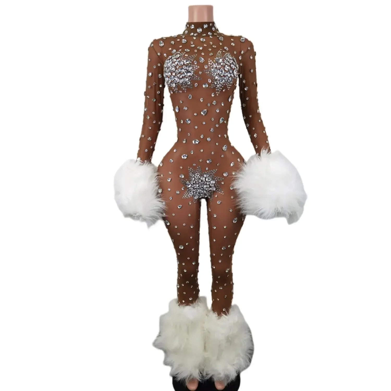 Прозрачный комбинезон с перьями Клубная одежда для фитнеса великолепное платье