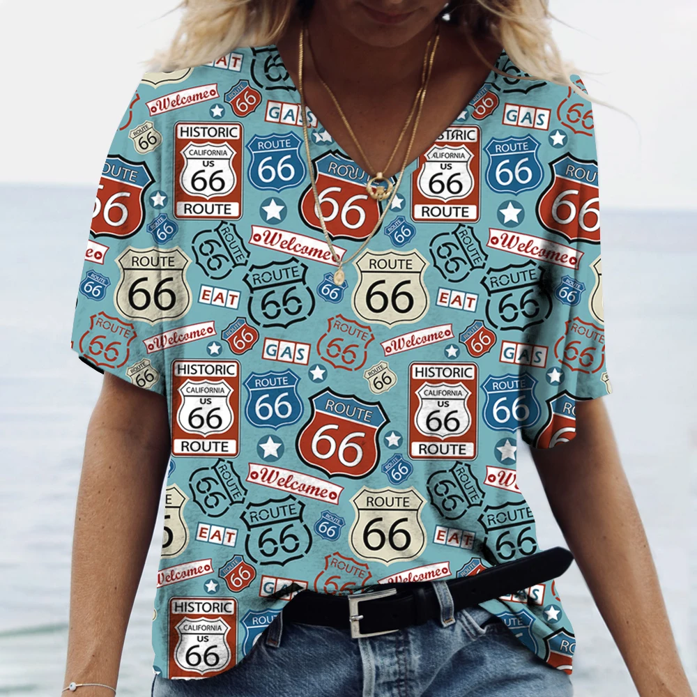 New Ladies T-Shirts Summer Clothing Route 66 Graphics 3d T-Shirt Women's Short Sleeve Tops Girls Tees Casual Oversized Apparel