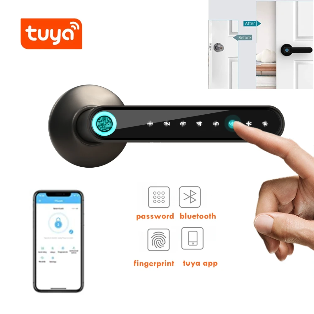 

Fingerprint Electronic Door Lock Smart Home Bluetooth Password Handle Lock Tuya APP Control Unlock USB Rechargeable With Battery