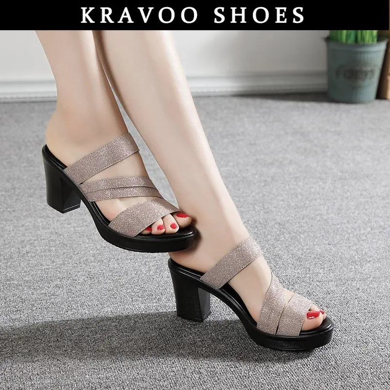 

Женские сандалии с открытым носком KRAVOO, платформа, квадратный каблук, увеличивающие рост, пляжные тапочки, лето