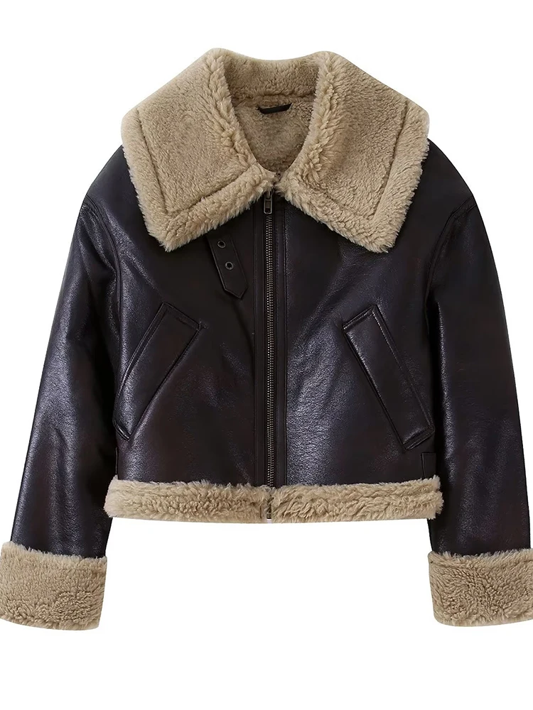 2022 Women's Pu Coat Winter Thick Warm Coat Faux Leather Vintage Jacket Cropper Ladies Streetwear Outwear Pockets Outwear Tops