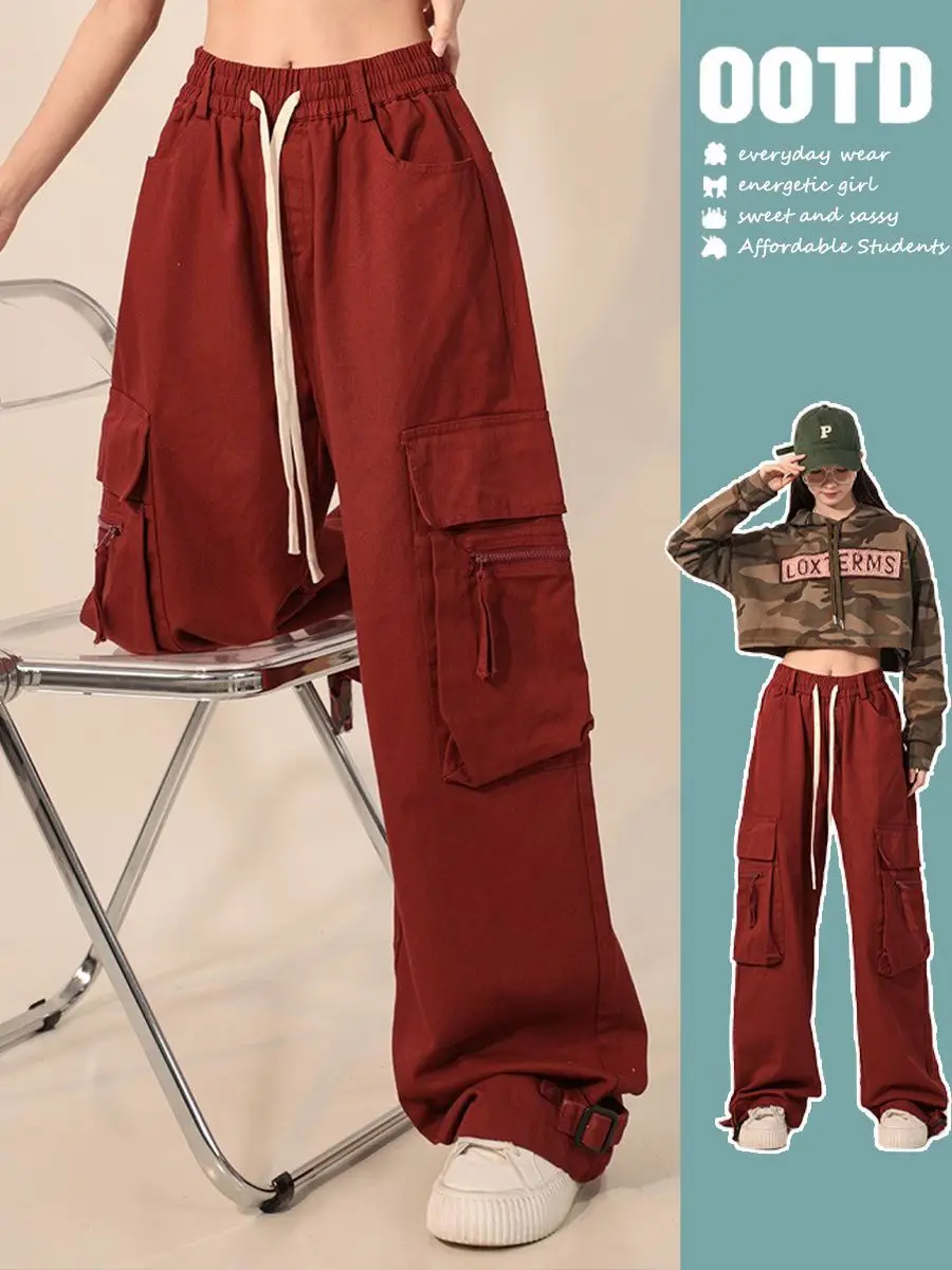 Women Casual Wide Leg Cargo Pants Vintage Low Waist Drawstring Joggers Tech Pants Hippie Streetwear Baggy Trousers