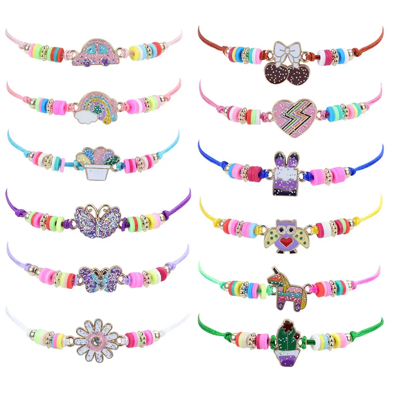 2pcs Soft Clay Bead Butterfly Daisy Heart Turtle Knot Rainbow Bracelets For Children Braided Adjustable Rope Bangle