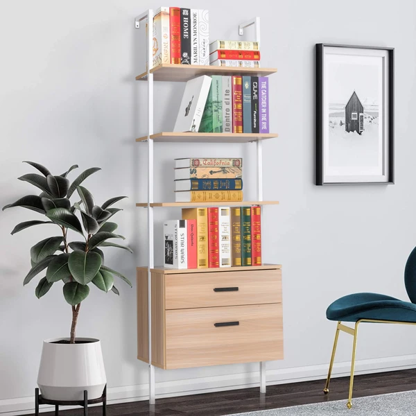 

Industrial Bookshelf with Wood Drawers and Matte Steel Frame Student Bookcase Home Storage Frame