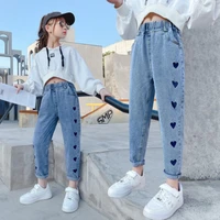 kids jeans for girls heart pattern cowboy pants children denim trousers clothing teenage girl bottoms 4 5 6 7 8 9 10 11 12 years
