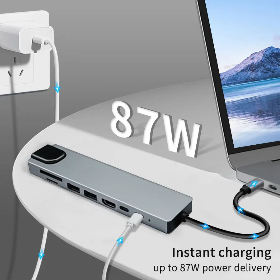 USB C концентратор 8 в 1 Type адаптер с 4K HDMI 87W PD порт док-станция RJ45 совместим MacBook Pro Air