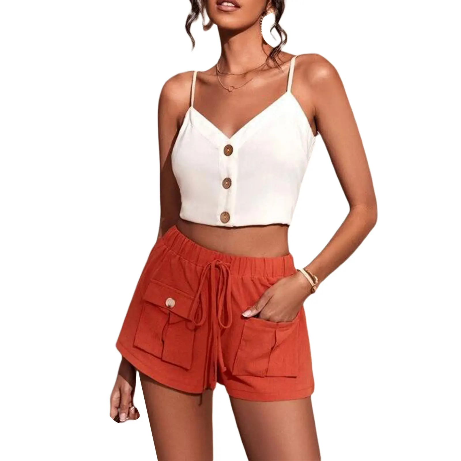 

Women Summer Cargo Shorts Solid Color Middle Waist Outdoor Drawstring Loose Short Pants with Pockets