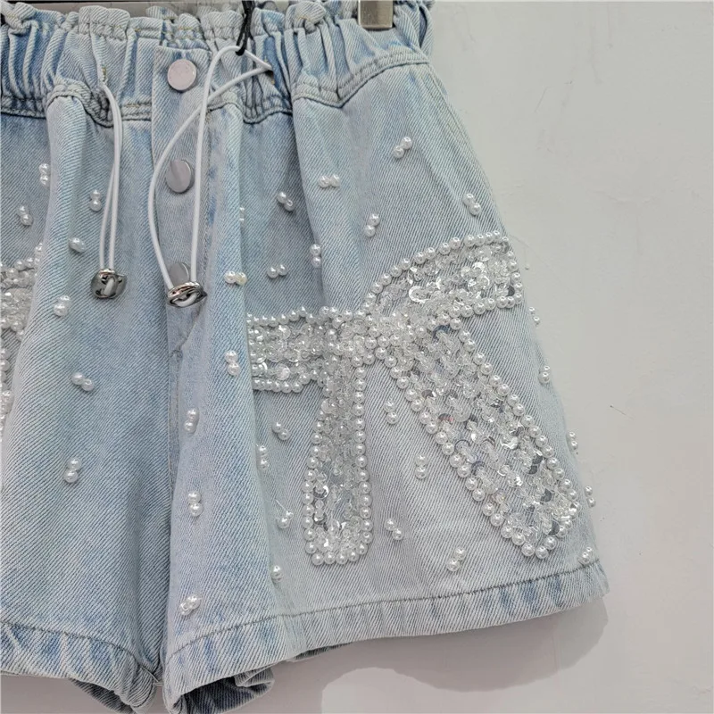 European Station 2023 Summer New Heavy Handmade Beaded Bowknot High Waist Loose Short Jeans Slimming Wide-Leg Denim Shorts