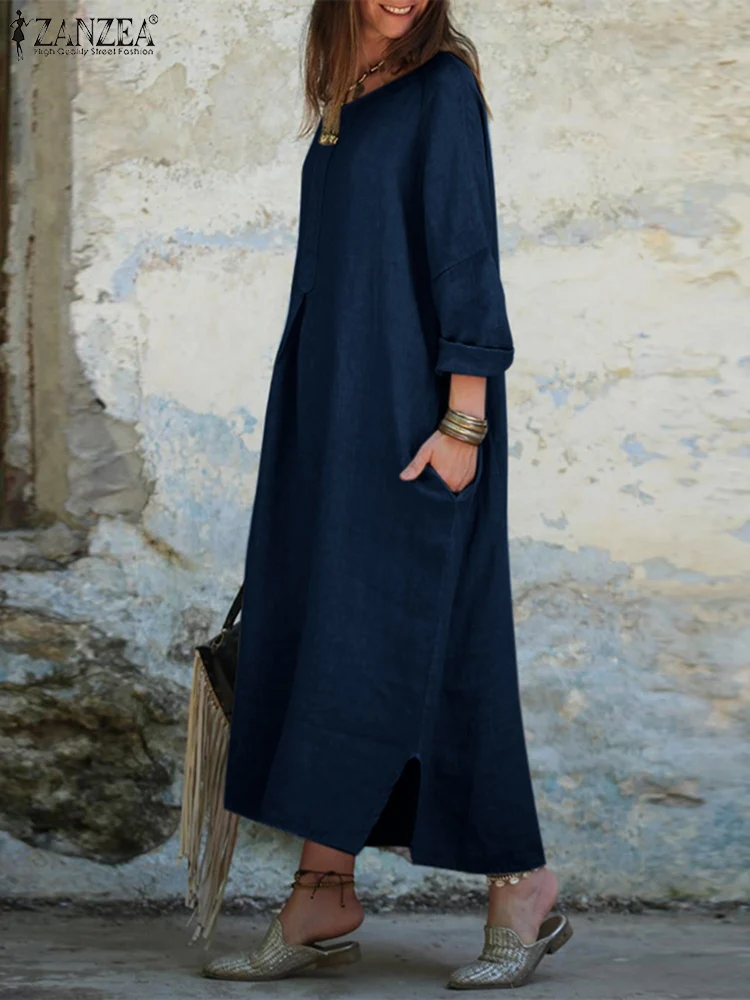 

ZANZEA Elegant Solid Color Vestidos Casual Loose Long Dresses 2023 Spring Holiday Side Slit Robe Fashion Women O-neck Maxi Dress