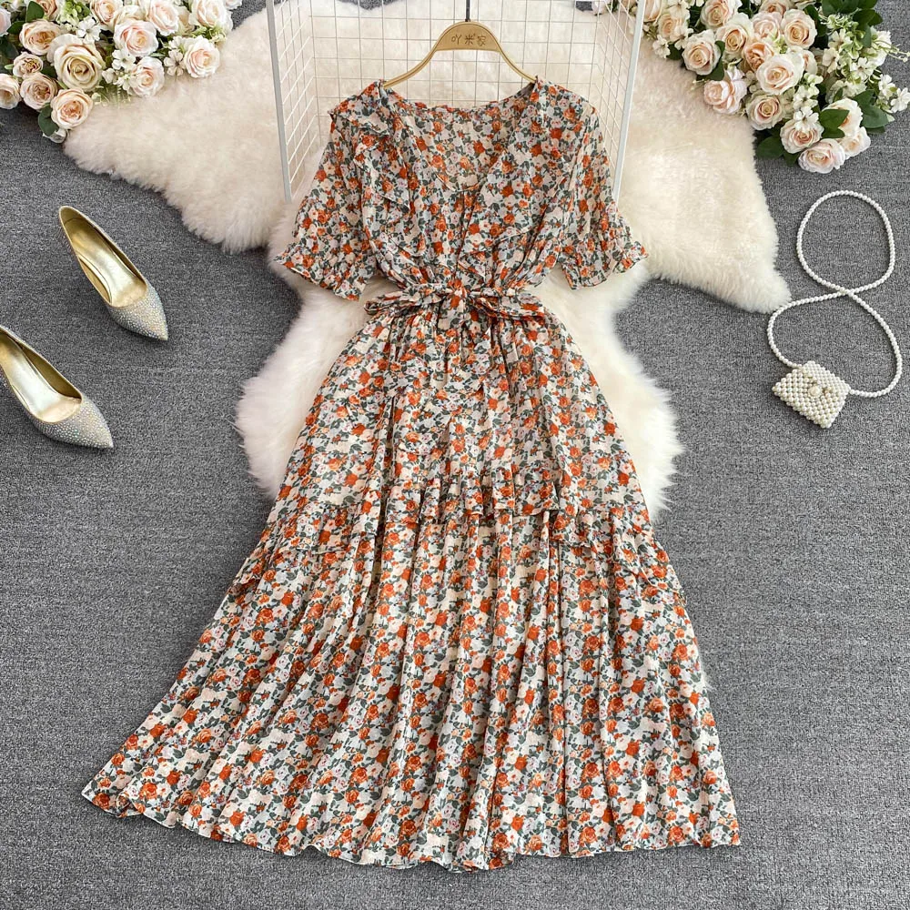 

SuperAen 2022 летние новые шифоновые платья с v-образным вырезом и рюшами, приталенные трапециевидные платья с принтом для женщин