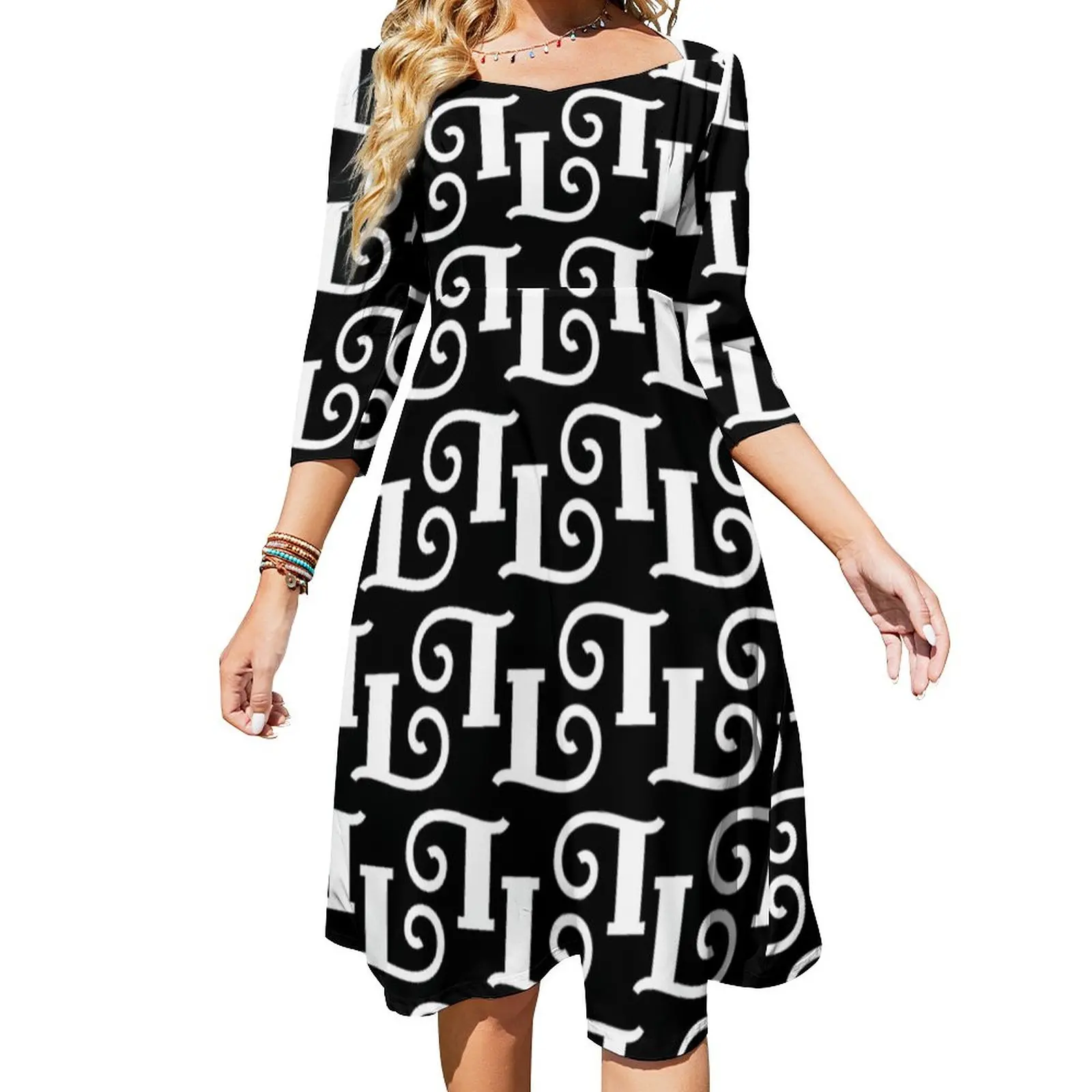 

White Abstract Letters Dress Summer Word Print Kawaii Dresses Women Three Quarter Street Fashion Pattern Big Size Casual Dress