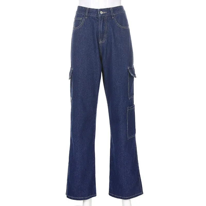 2023 Vintage Solid Overalls Trouser Women Fashion White Blue High Waist Casual Jeans Loose Omighty Wide Leg Pocket Cargo Pants