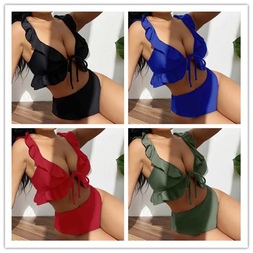 

Bikini Solid Color Swimsuit Lady Sexy Flying Edge Beach Multi Split