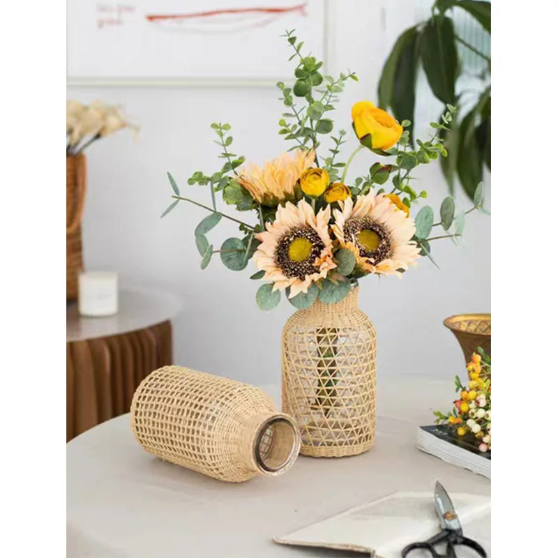

Стеклянная ваза ручной работы из ротанга, японские творческие водные фотоорнаменты, украшение для гостиной, домашний декор