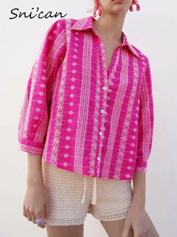 

Pink Embroidery Women Blouse Fashion Spring Summer Long Sleeve Casual Office Ladies Chic Tops Outwear 2022 Female Shirts Blusas