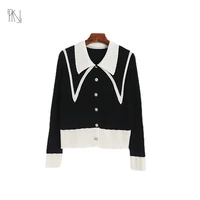 black and white stitching long sleeved knitted cardigan 2022 autumn new women doll collar thin pearl single breasted sweater