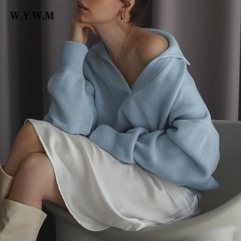 WYWM Winter Knitted V-neck Sweater Women Lazy Oaf Elegant Basic Pullovers Top Lady Casual Long Sleeve Streetwear Female Clothing