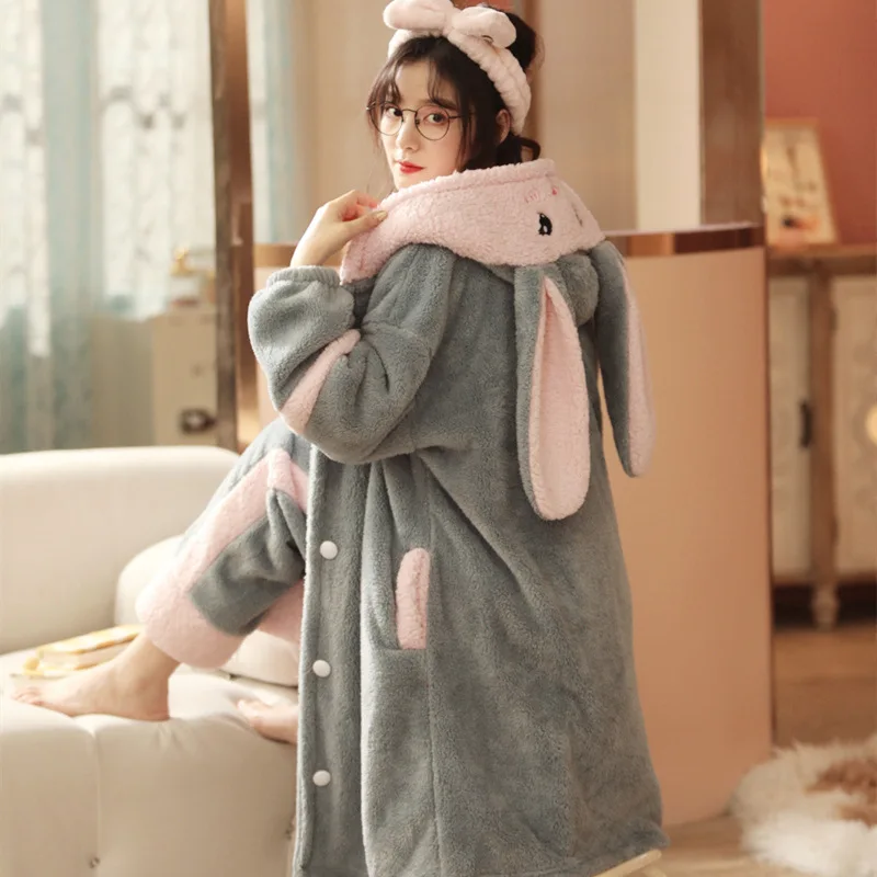 Kawaii Animal Rabbit Pajamas Sets Womens Winter Warm Flannel Thickened Nightgown Suit Hooded Long Bathrobe Set Lovely Sleepwear