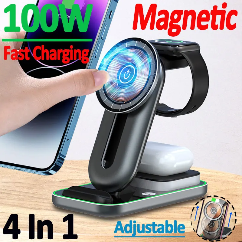 

4 in 1 100W LED Magnetic Wireless Charger Stand Macsafe For iPhone 14 13 12 Pro Max Apple Watch Airpods Fast Charging Station