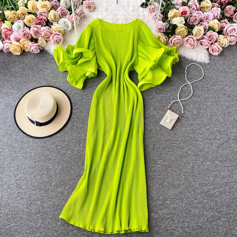 

Design sense niche three-dimensional double-layer ruffled sleeves, loose mid-length pleated dress, women's summer wear