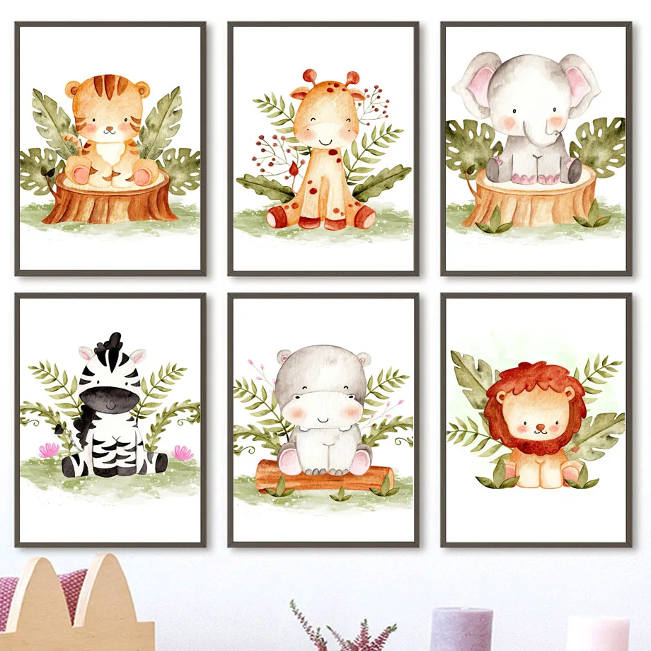 

Custom Name Elephant Lion Tiger Giraffe Zebra Wall Art Print Canvas Painting Nordic Poster Wall Pictures Kids Room School Decor